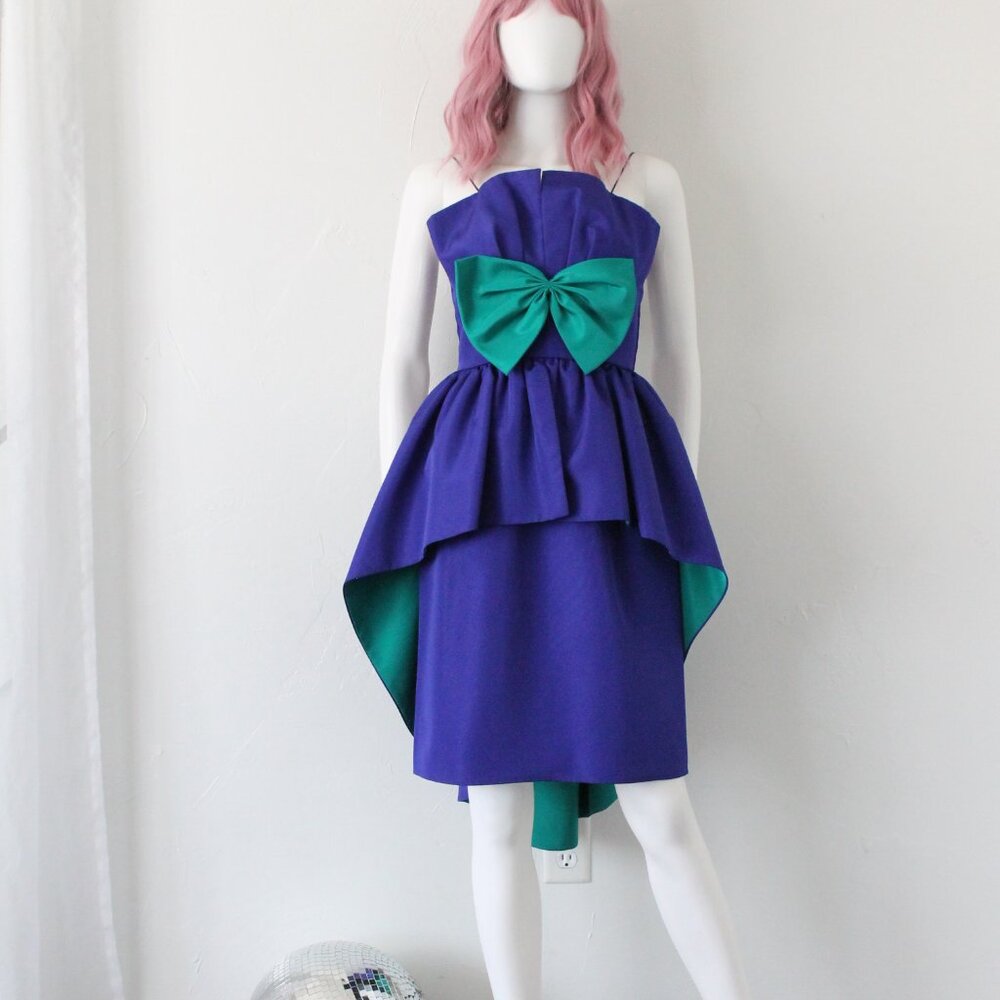 Vintage 1980s Purple Party Dress with Green Bow, Huey Waltzer for Darcy